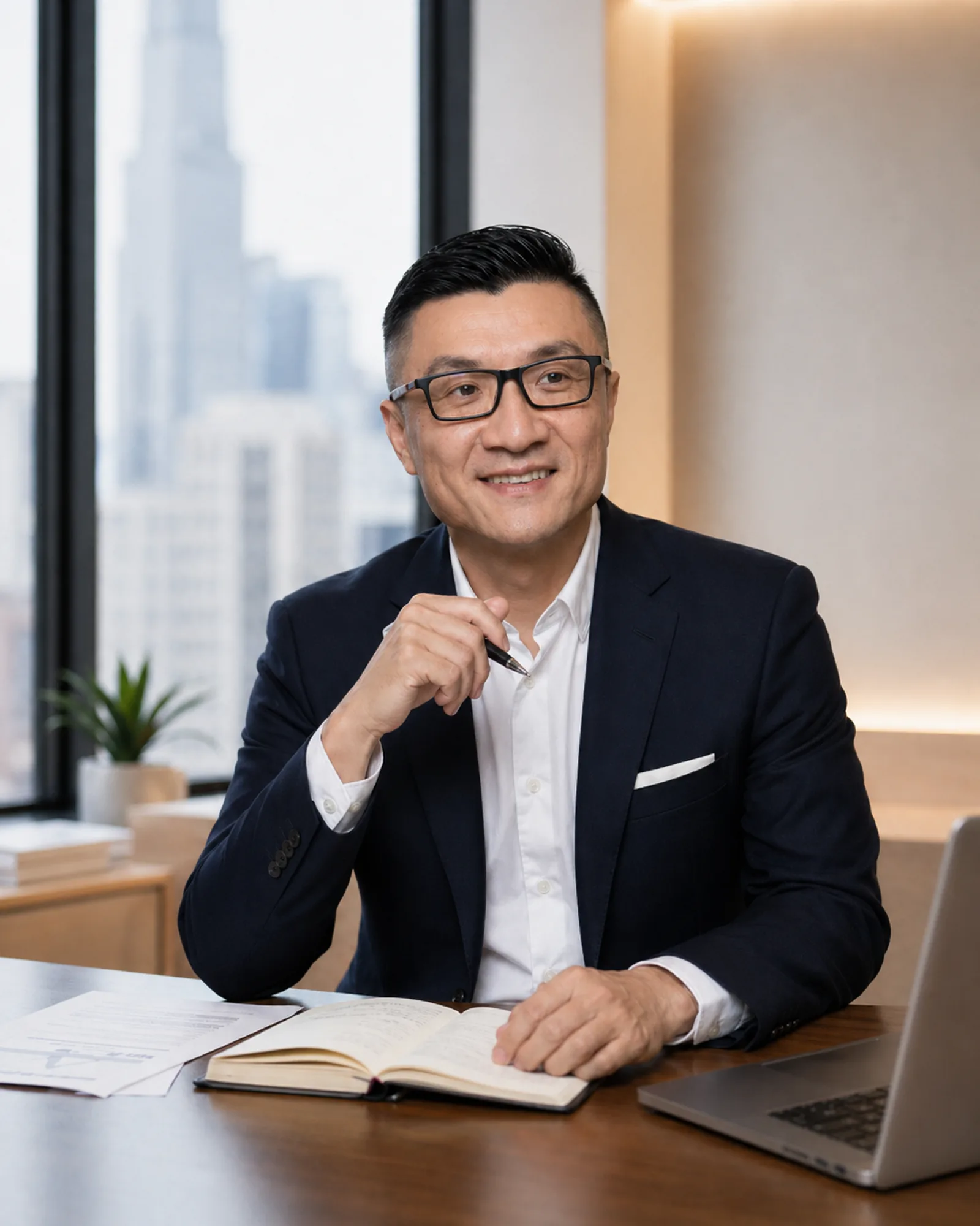 Quan Zou at desk with notebook and laptop — Bay Area Real Estate Strategist