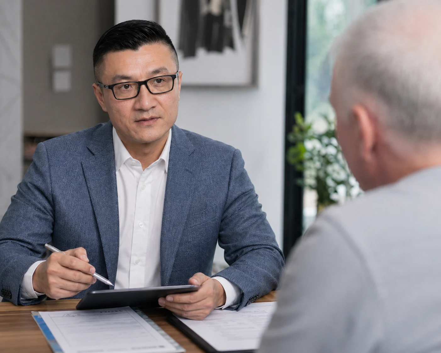 Quan Zou consulting with a real estate client on seller strategy
